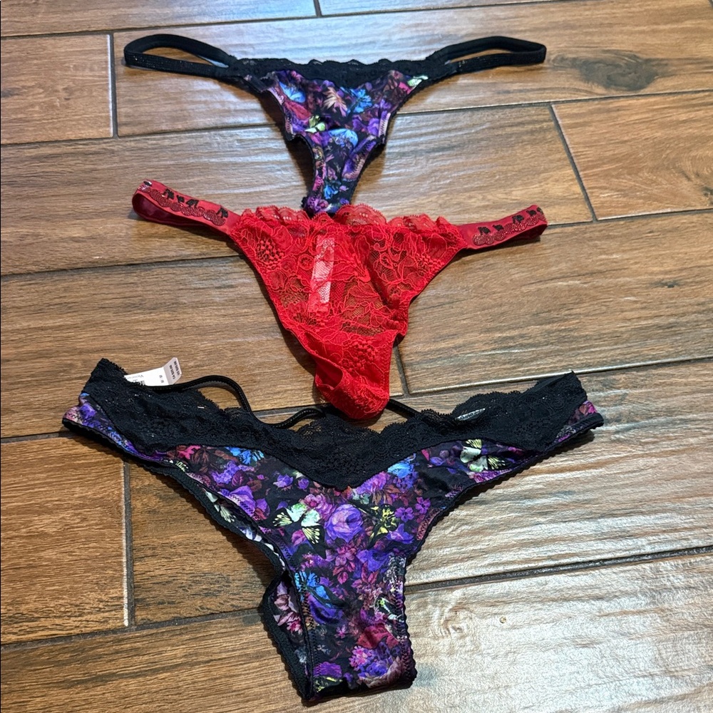 Elegant Lace and Floral Panties Trio - Red, Purple, Black